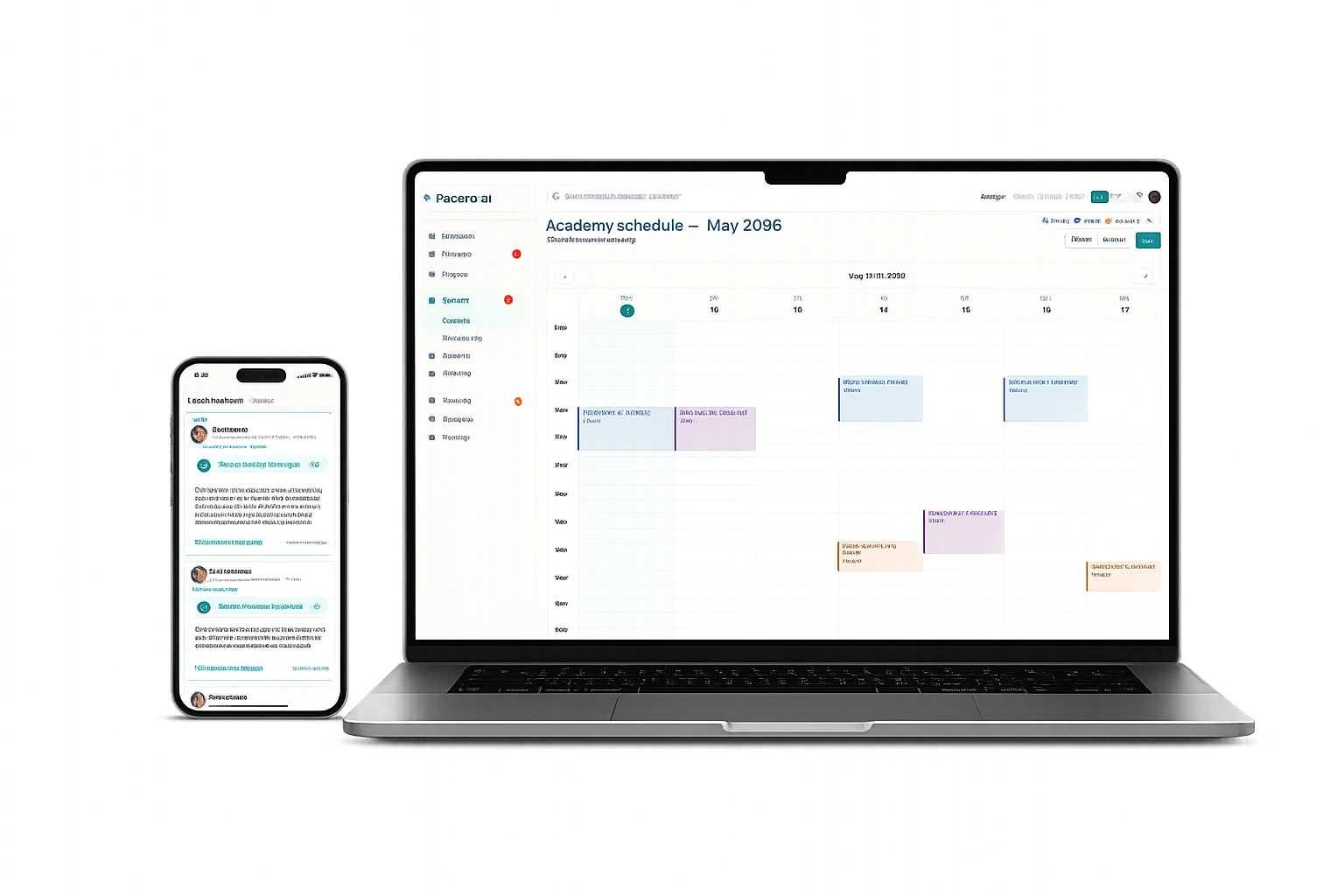 pacero.ai weekly schedule on a laptop with player progress on a phone