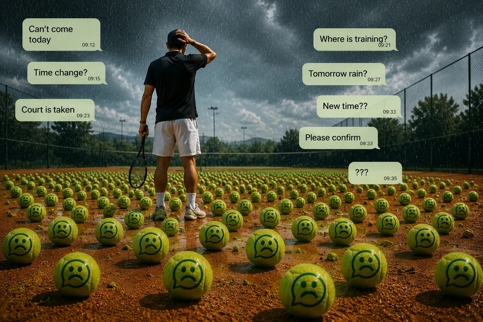 A coach surrounded by tennis balls in the rain with anxious WhatsApp messages overlaid